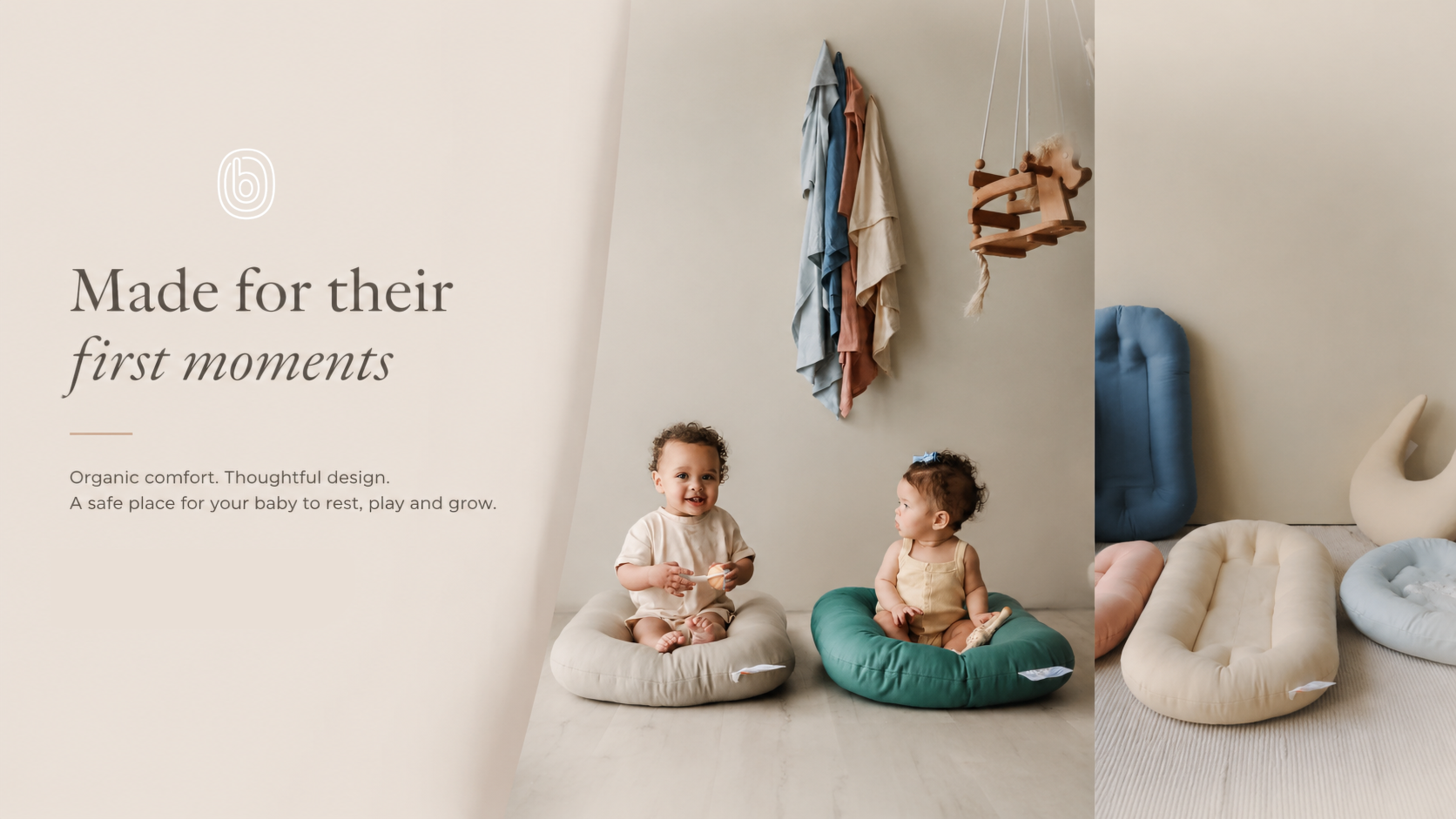 Two babies sitting on snuggle me lounger  by Blisii, on floor seats in a styled nursery interior, with text on the left reading 'Made for their first moments' and additional product cushions shown on the right.