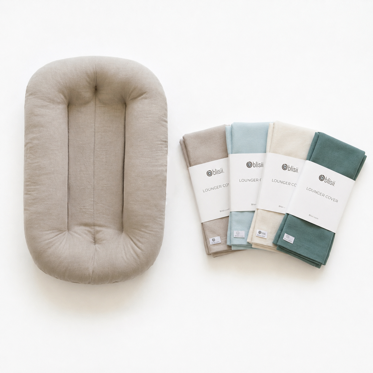 Snuggle Me lounger with Covers in slate-birch-natural and moss 
